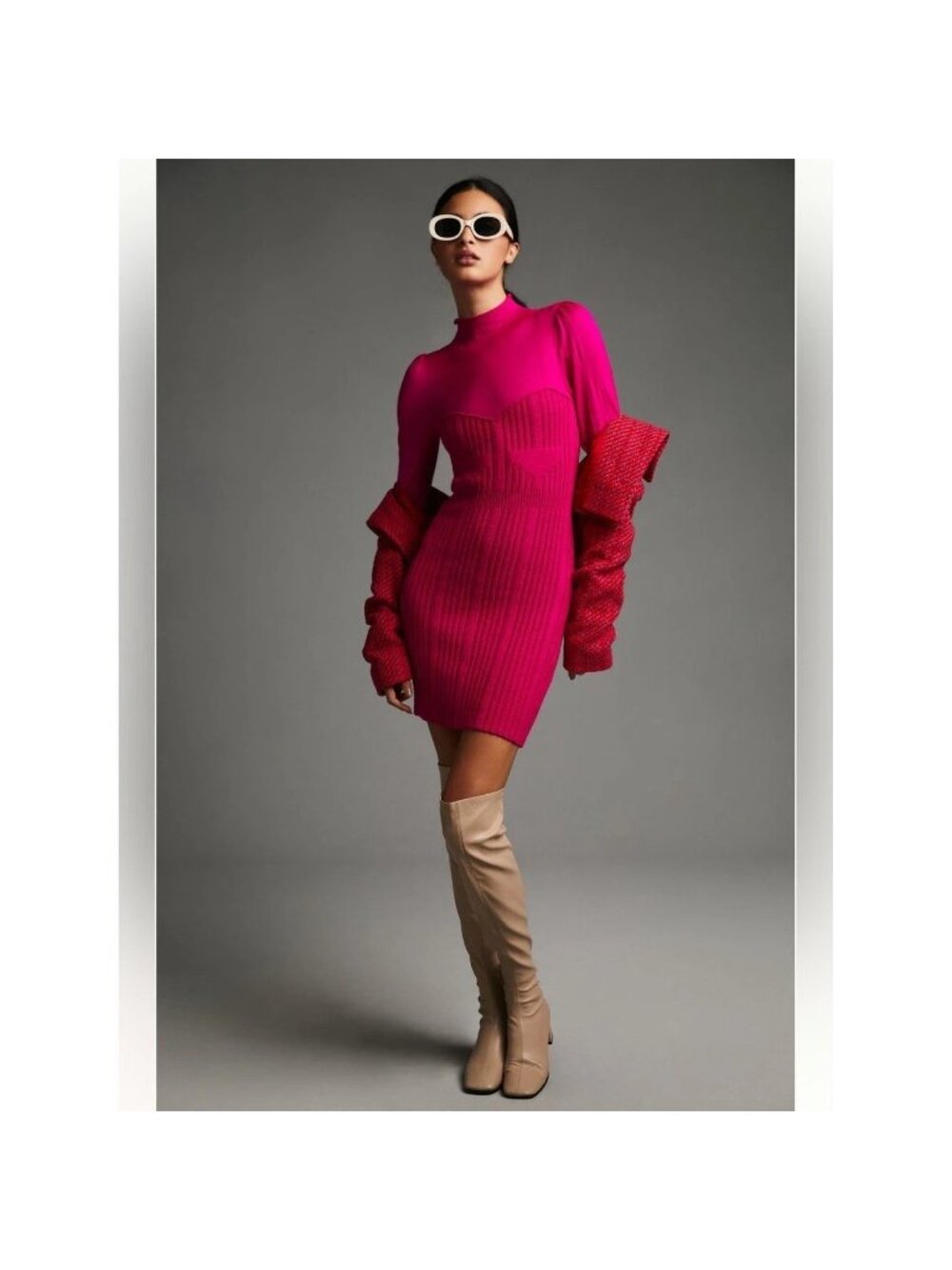 NEW $160 Anthropologie Turtleneck Hot pink Sweater midi mini Dress long slv M